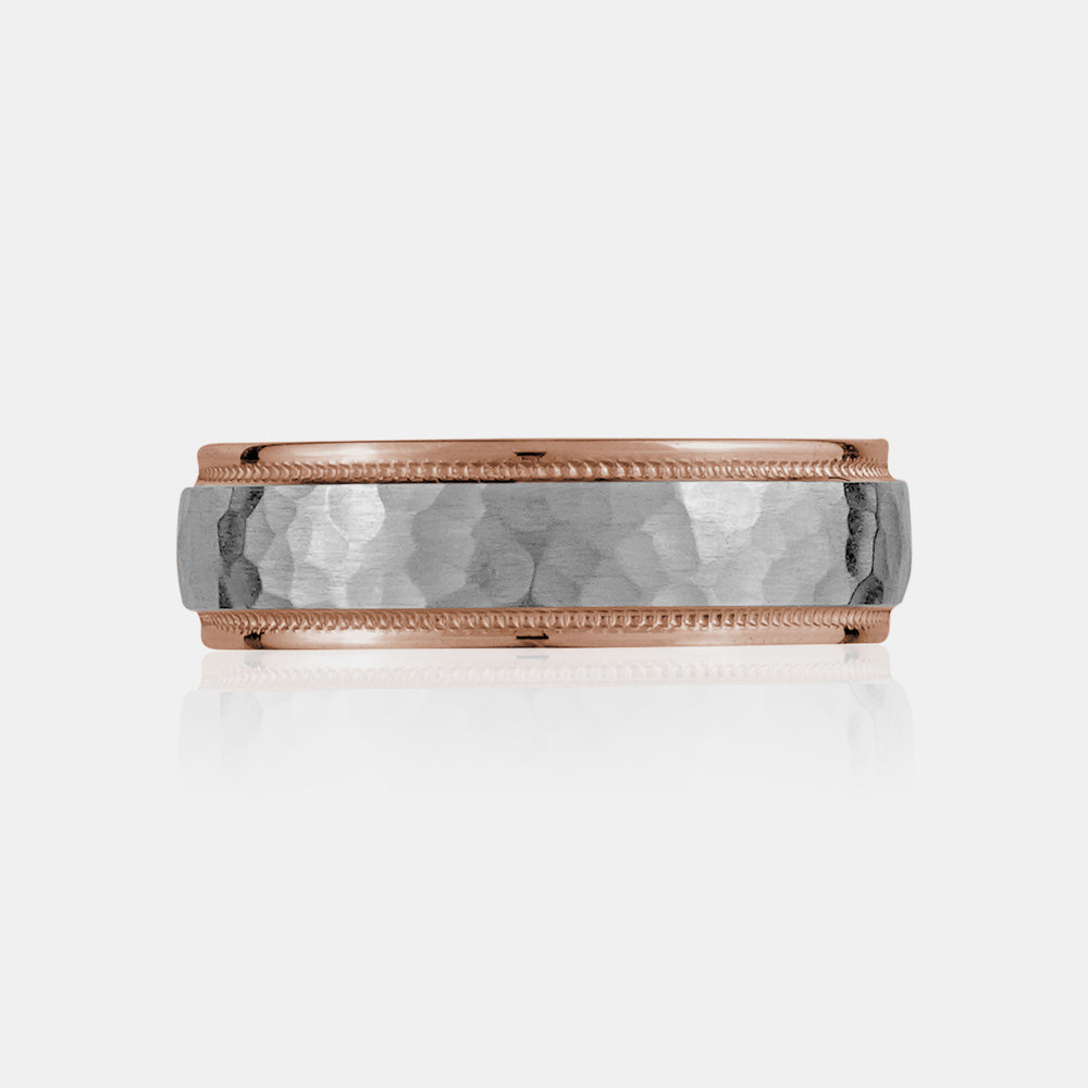 14K Two-Tone Brushed Hammered Centern Milgrain Edge Wedding Band