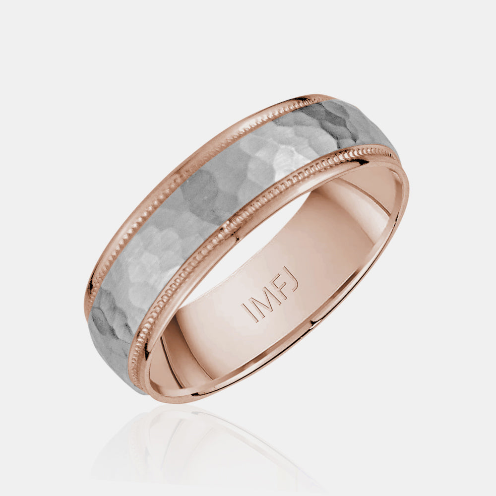 14K Two-Tone Brushed Hammered Centern Milgrain Edge Wedding Band