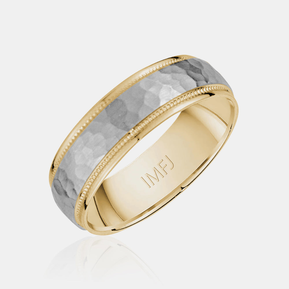 14K Two-Tone Brushed Hammered Centern Milgrain Edge Wedding Band