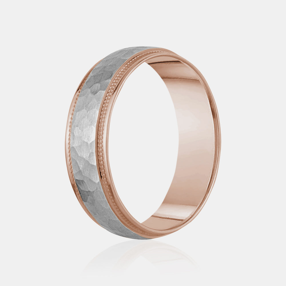 14K Two-Tone Brushed Hammered Centern Milgrain Edge Wedding Band