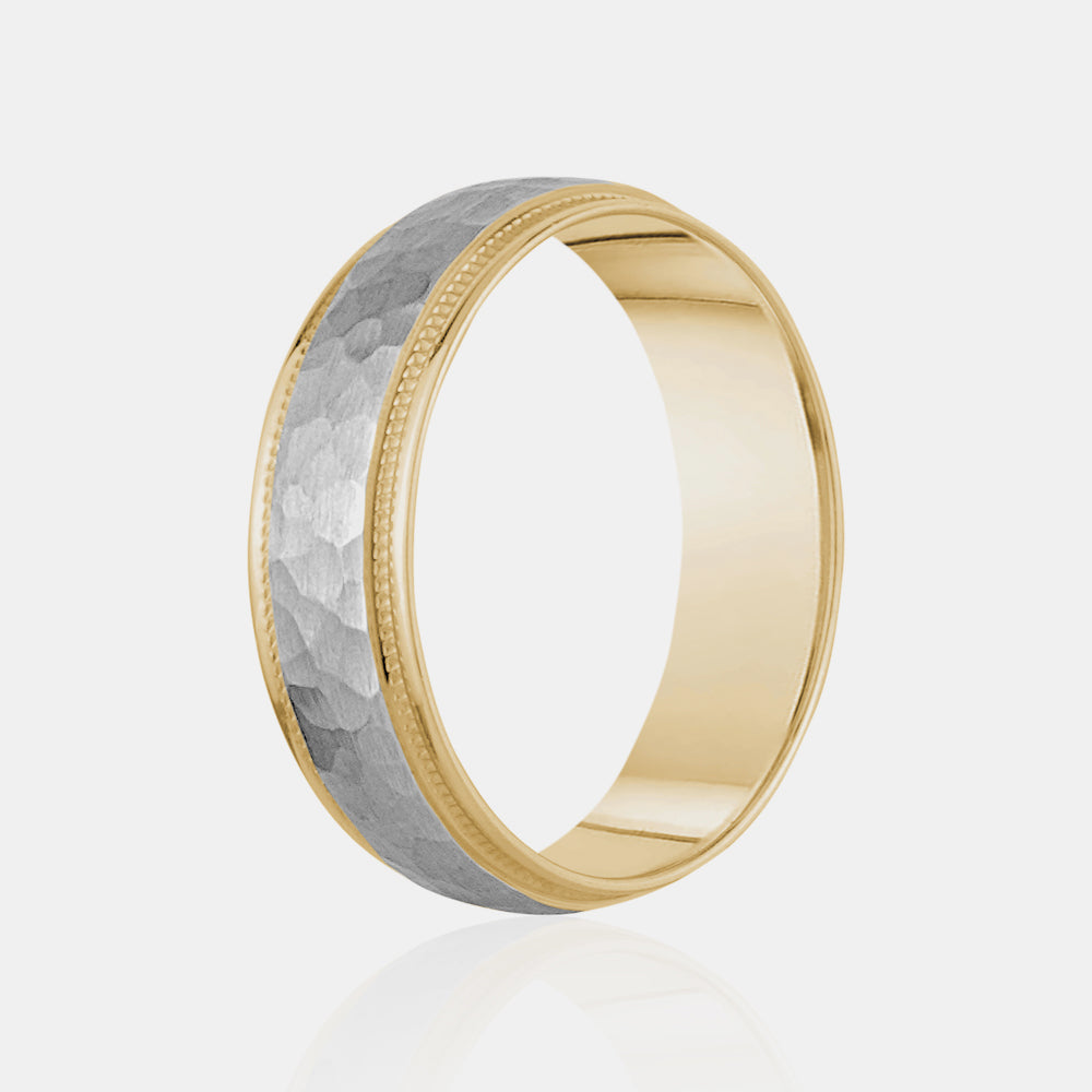14K Two-Tone Brushed Hammered Centern Milgrain Edge Wedding Band