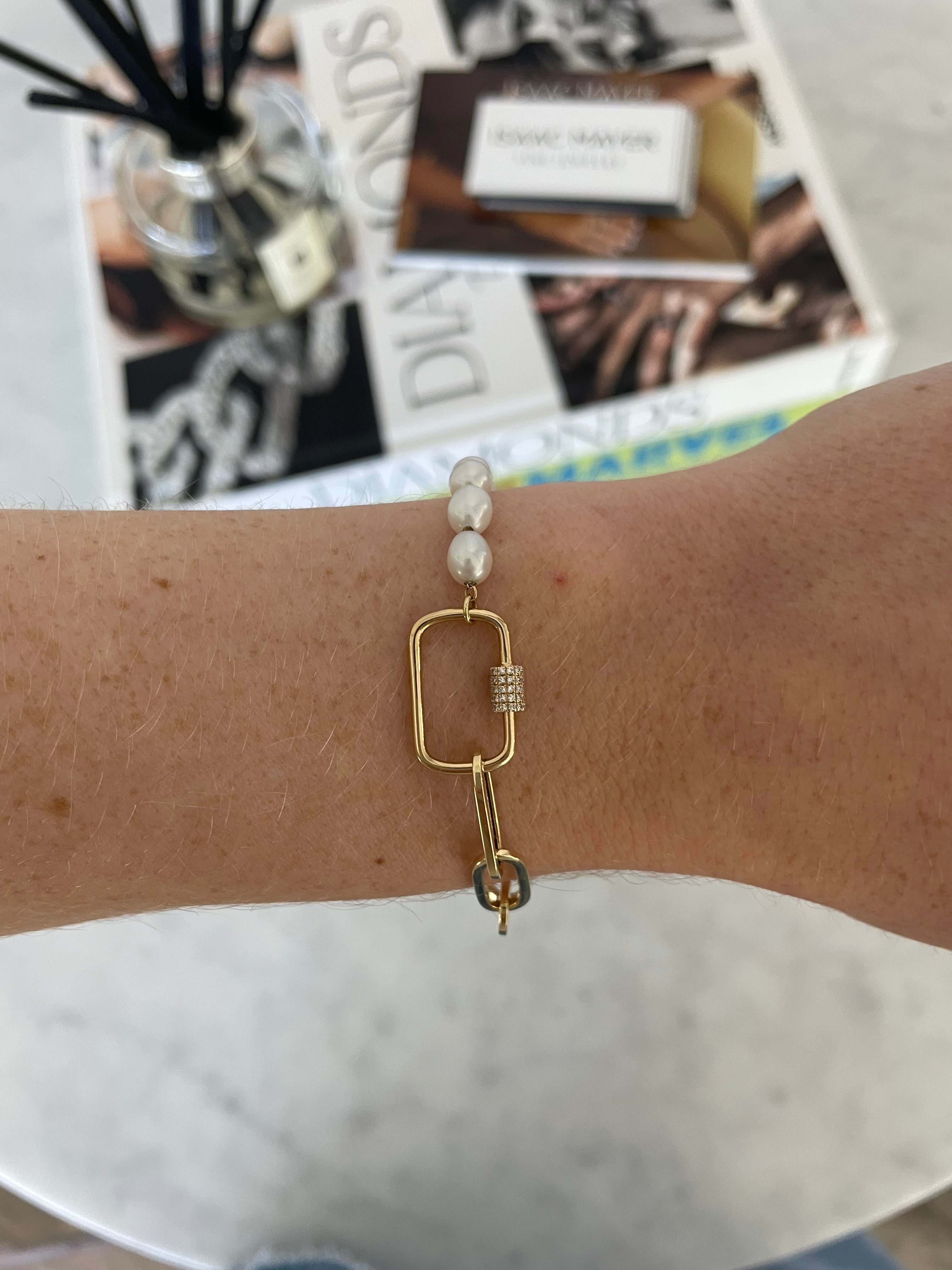 Pearl and Paperclip Diamond Clasp Bracelet