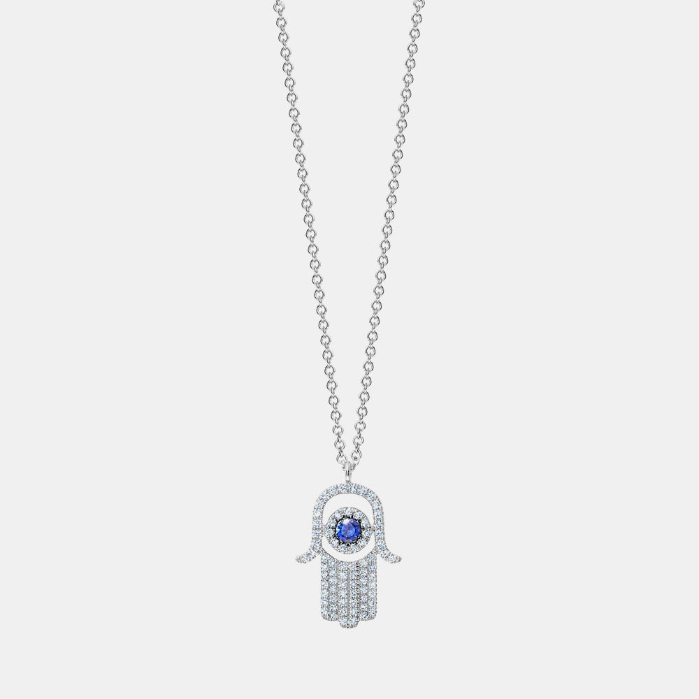 Diamond Blue Sapphire Hamsa Necklace