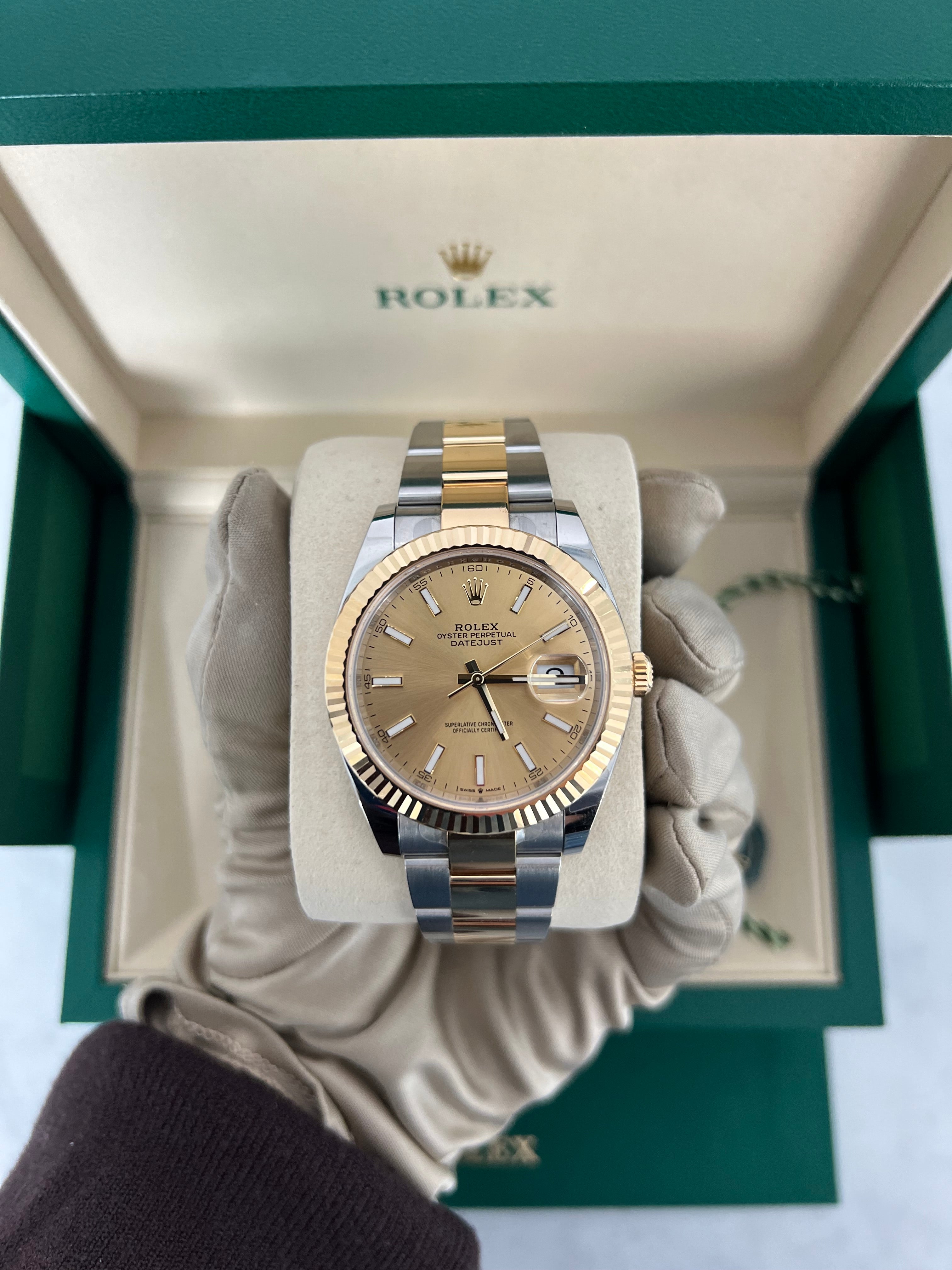 Rolex Datejust Two Tone Yellow Champagne Dial Oyster Bracelet Fluted Bezel 41mm 126333/2025