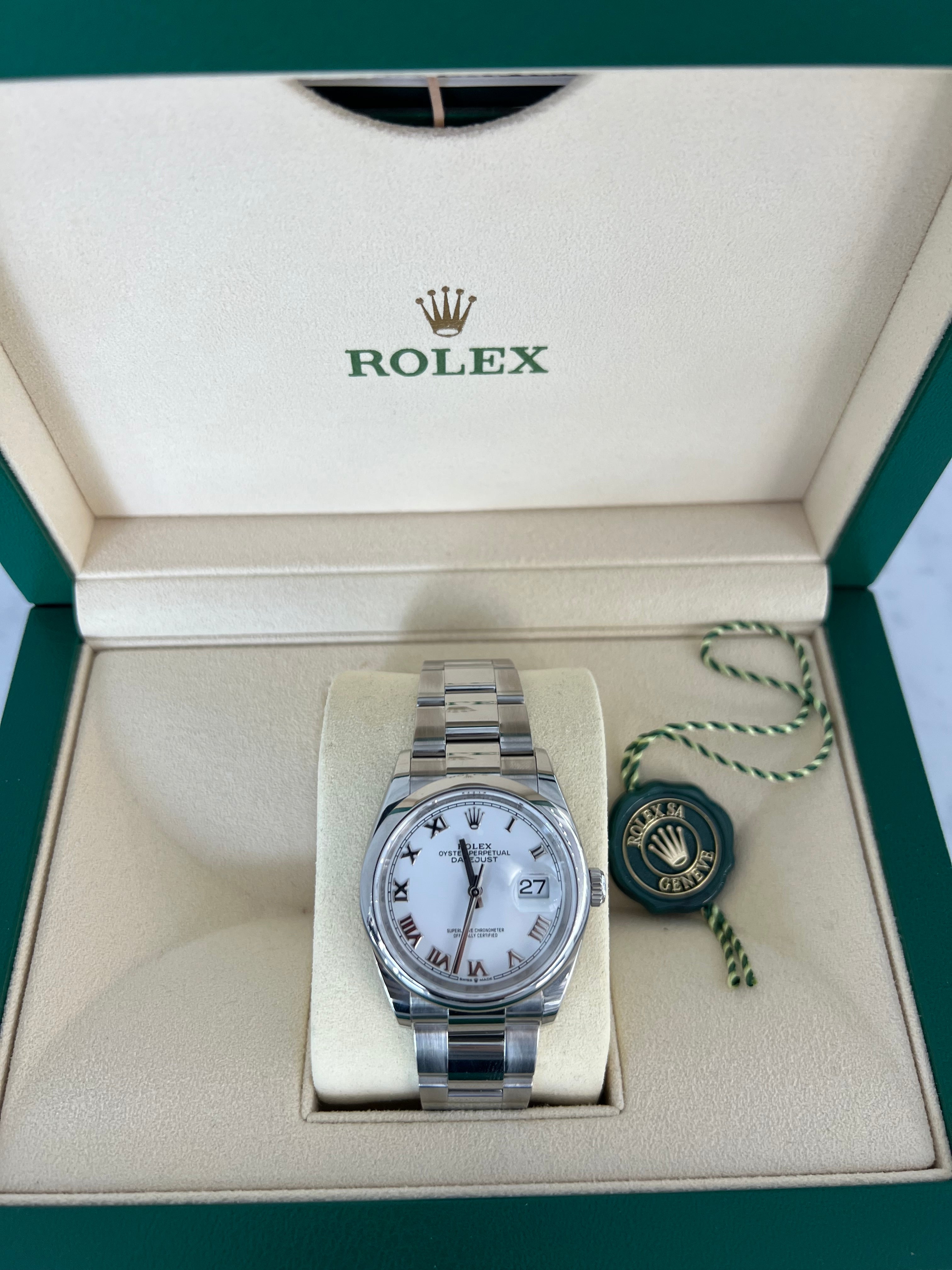Rolex Datejust Stainless Steel White Dial Roman Numerals Smooth Bezel Oyster Bracelet 36mm 126200/2021