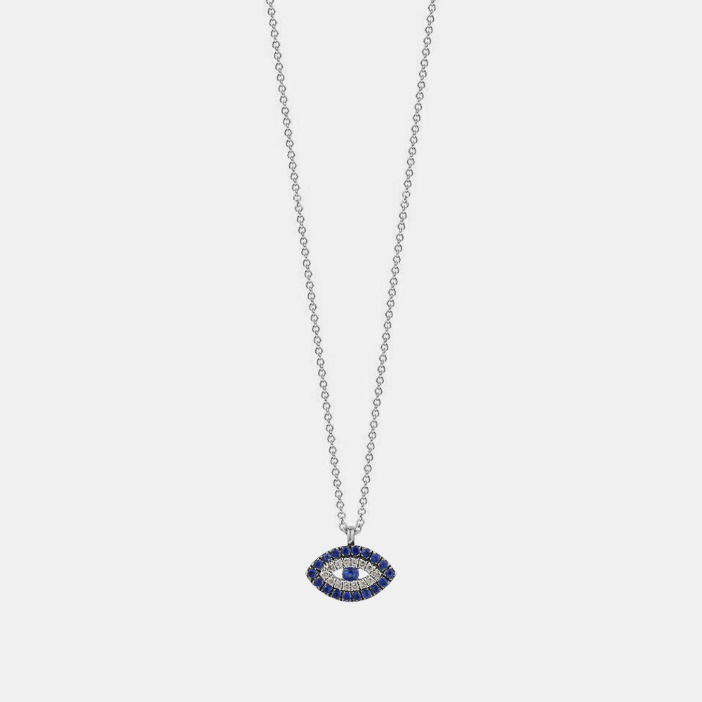 Diamond Evil Eye Blue Sapphire Border Necklace