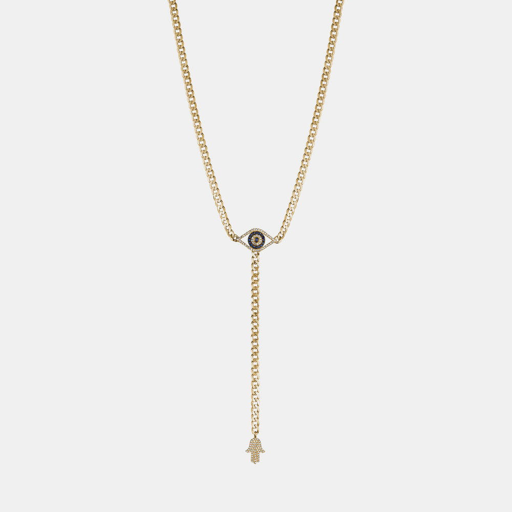Diamond Evil Eye Hamsa Lariat Necklace