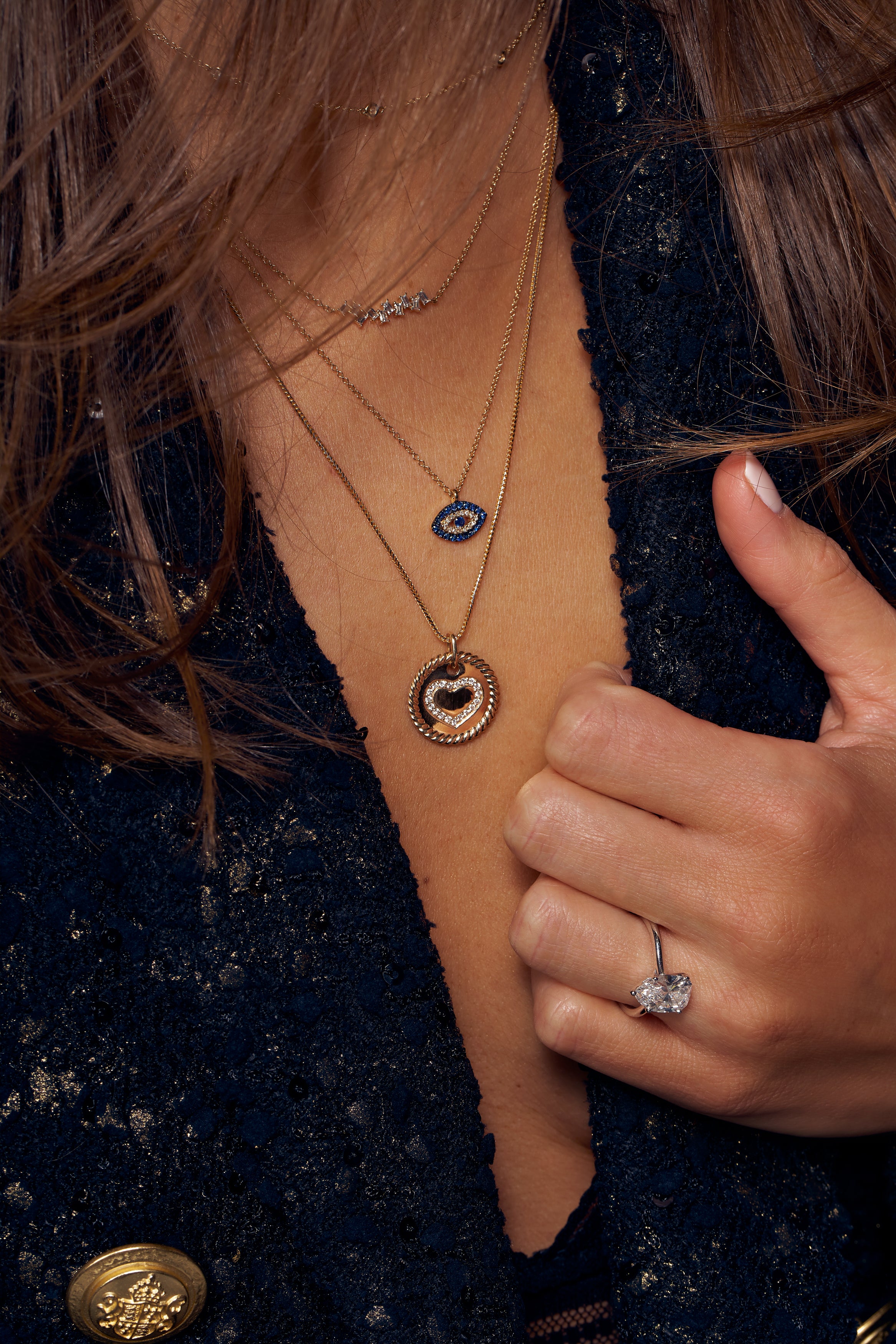Diamond Evil Eye Blue Sapphire Border Necklace