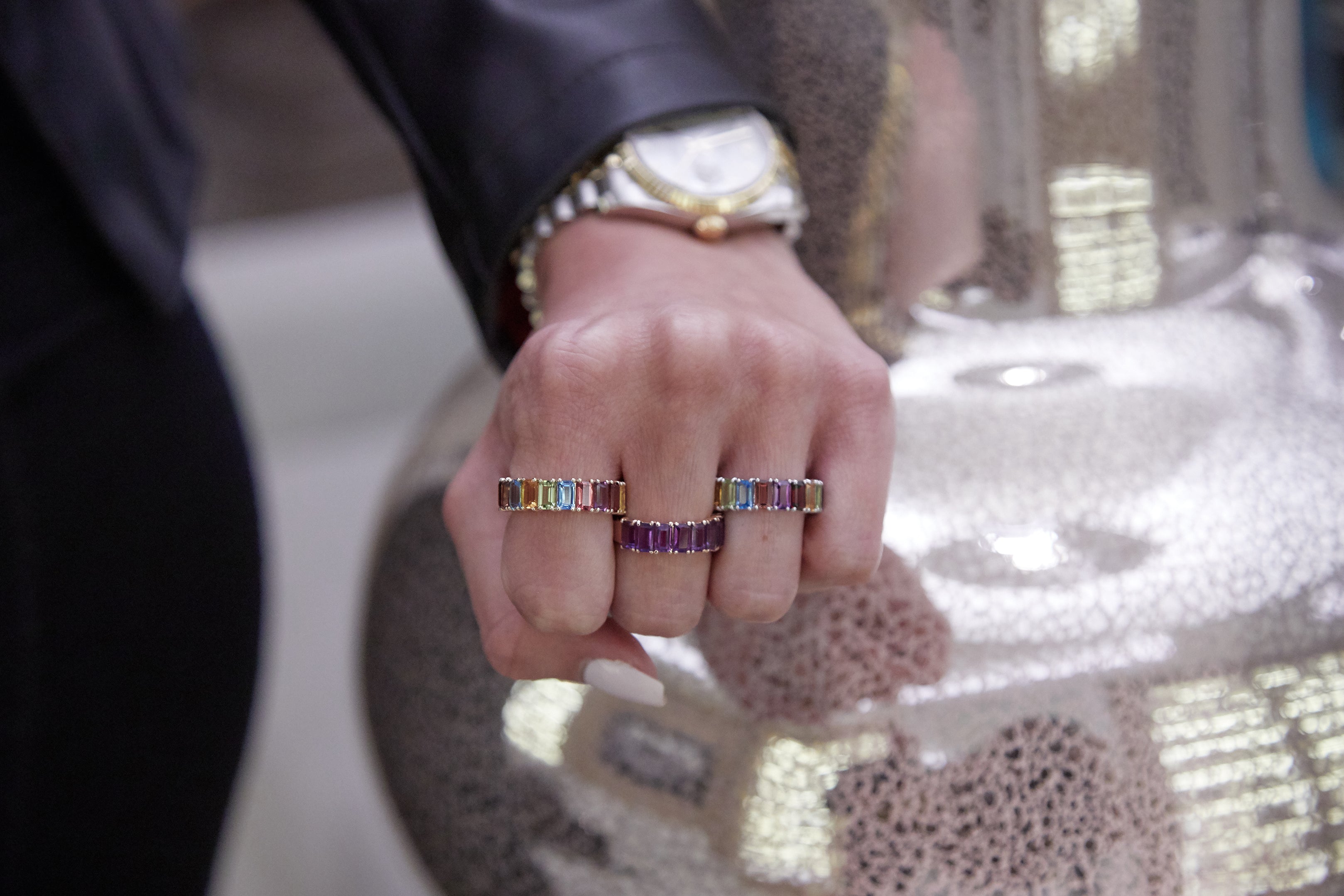 Rainbow Emerald Cut Eternity Ring