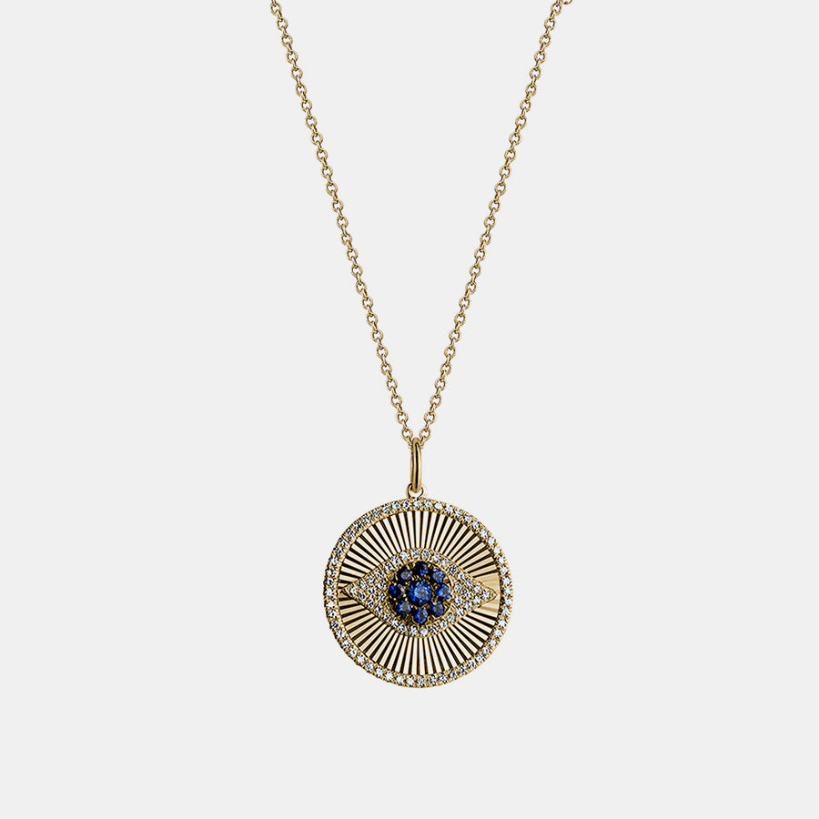 Collier à diamants et saphirs bleus en forme d'œil maléfique cannelé