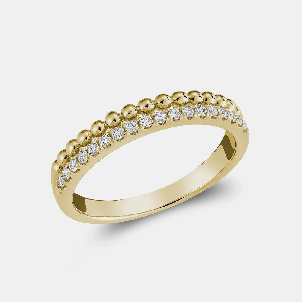 Double Row Beaded and Diamond Ring - 14K Yellow Gold