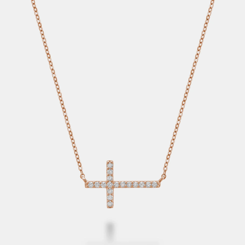 Horizontal Diamond Cross Necklace - 14K Rose Gold