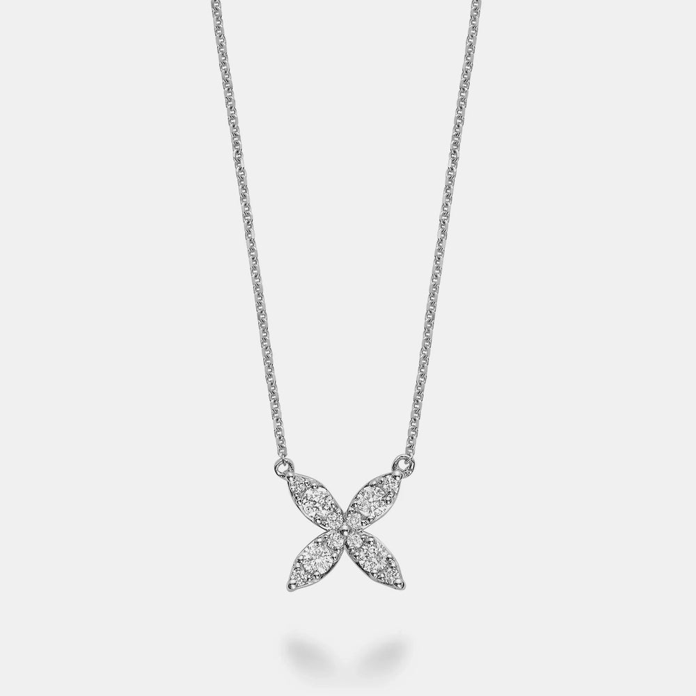Diamond Cluster Flower Necklace - 14K White Gold