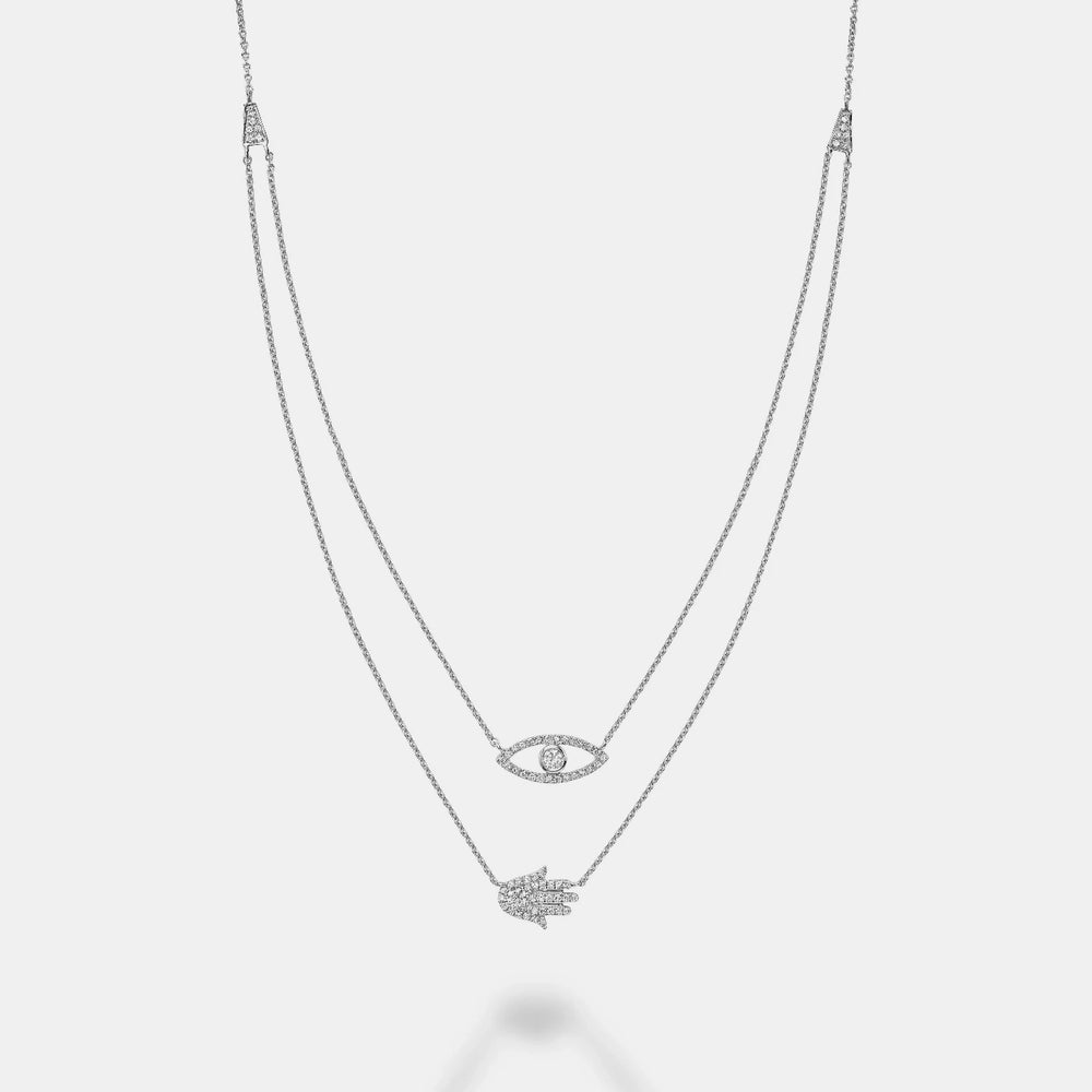 Double Row Evil Eye Hamsa Necklace - 14K White Gold