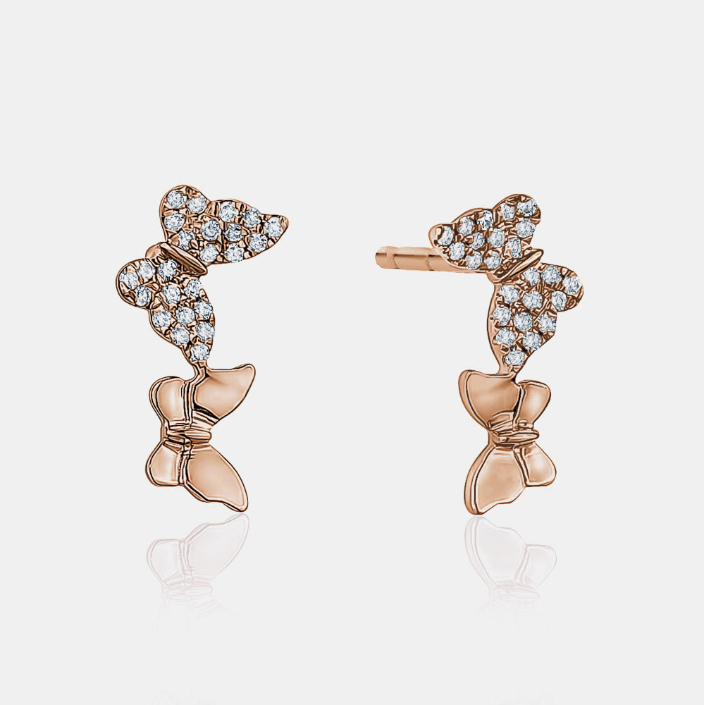 Double Diamond Butterfly Studs - 14K Rose Gold