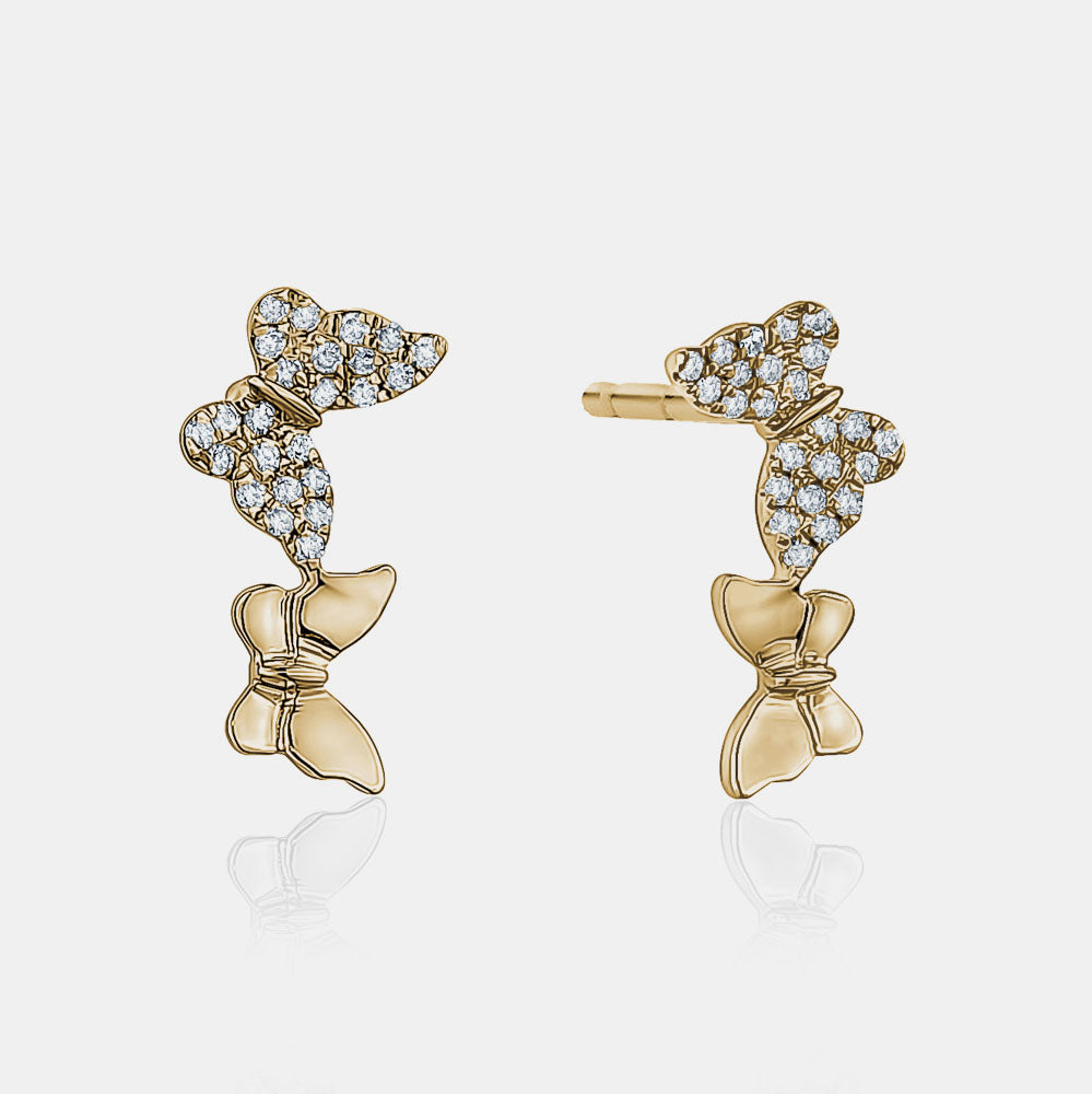 Double Diamond Butterfly Studs - 14K Yellow Gold