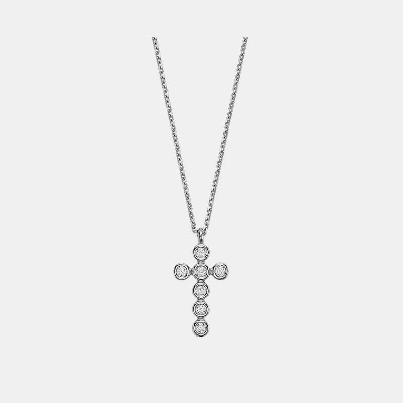 Bezel Cross Necklace - 14K White Gold