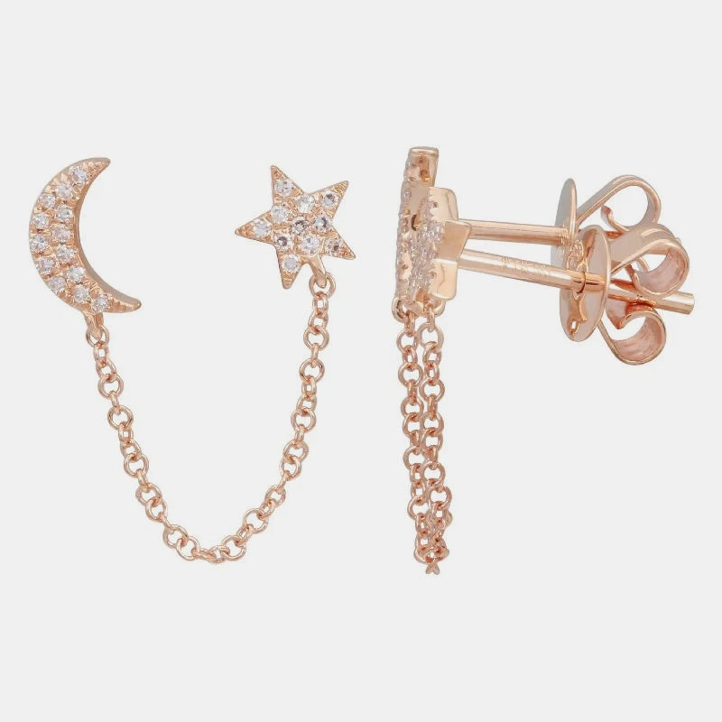 Diamond Star Moon Chain Earrings - 14K Rose Gold