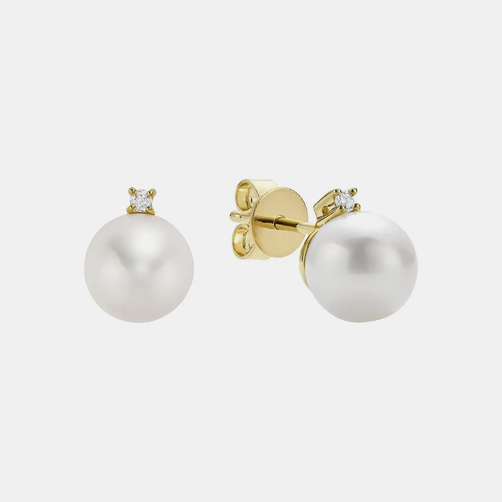 Cultured Freshwater Pearl and Diamond Studs - 14K Yellow Gold