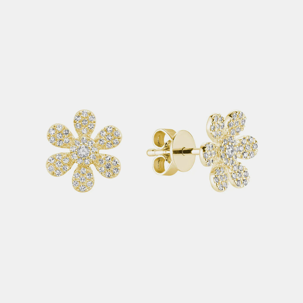 Diamond Flower Earrings - 14K Yellow Gold