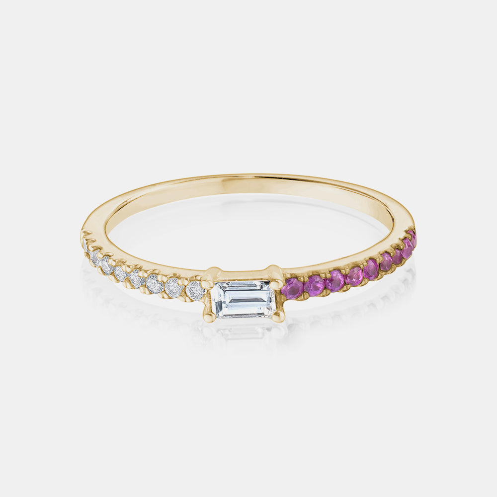 Bague baguette moitié diamant moitié saphir rose