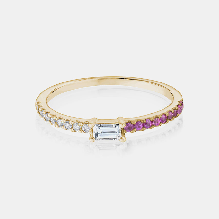 Bague baguette moitié diamant moitié saphir rose