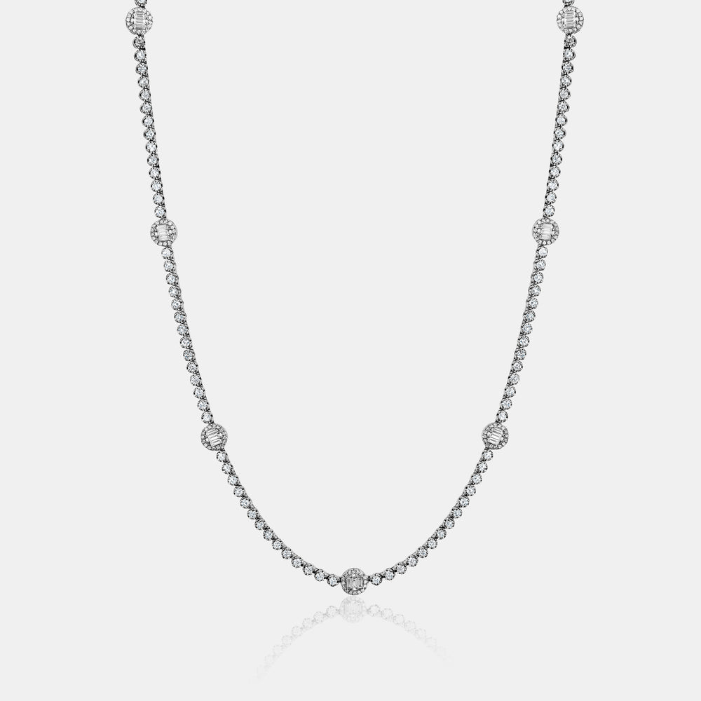 Diamond Station Baguette Tennis Necklace - 14K White Gold