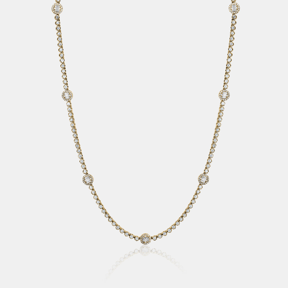Diamond Station Baguette Tennis Necklace - 14K Yellow Gold