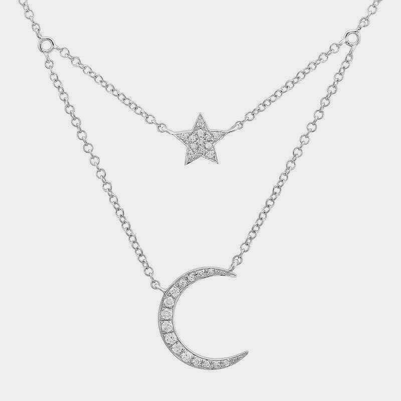 Double Chain Star Moon Necklace - 14K White Gold