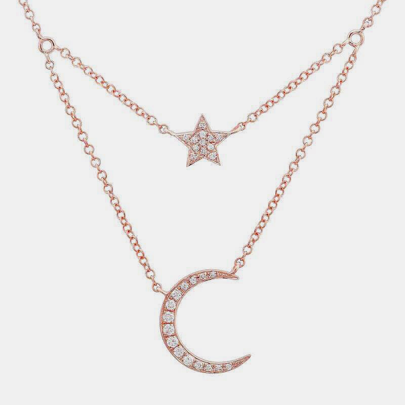 Double Chain Star Moon Necklace - 14K Rose gold