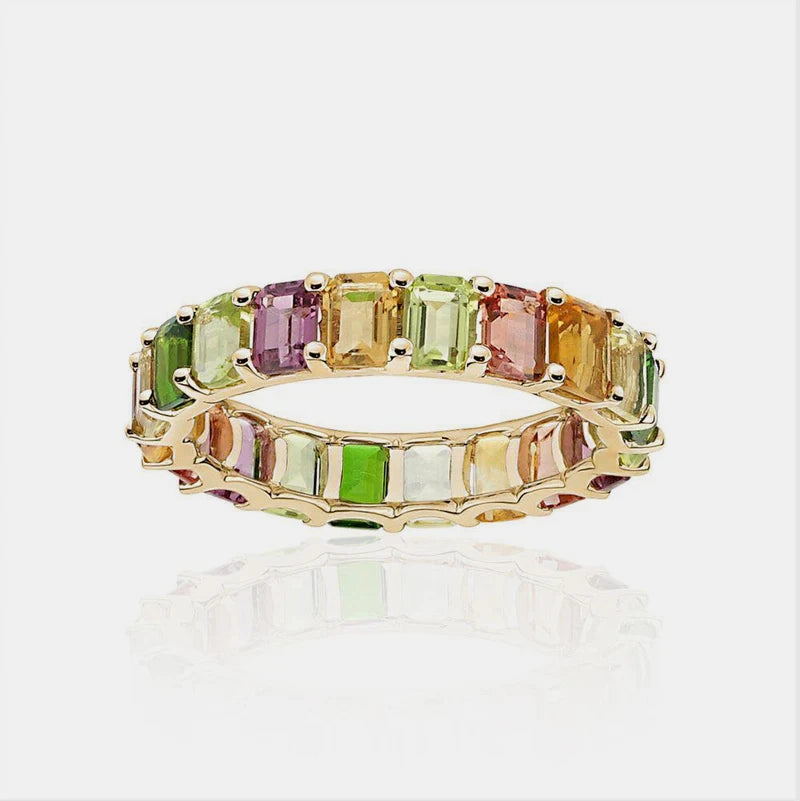 Petite Emerald Cut Rainbow Ring - 14K Yellow Gold