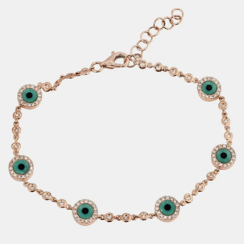 Diamond Turquoise Evil Eye Bracelet - 14K Rose Gold