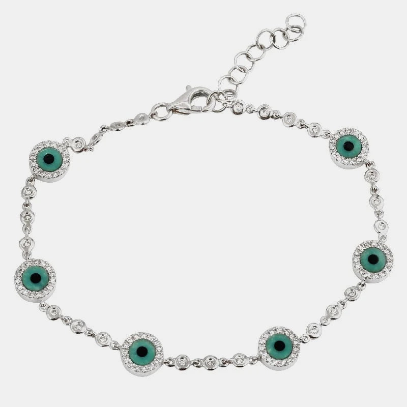 Diamond Turquoise Evil Eye Bracelet - 14K White Gold