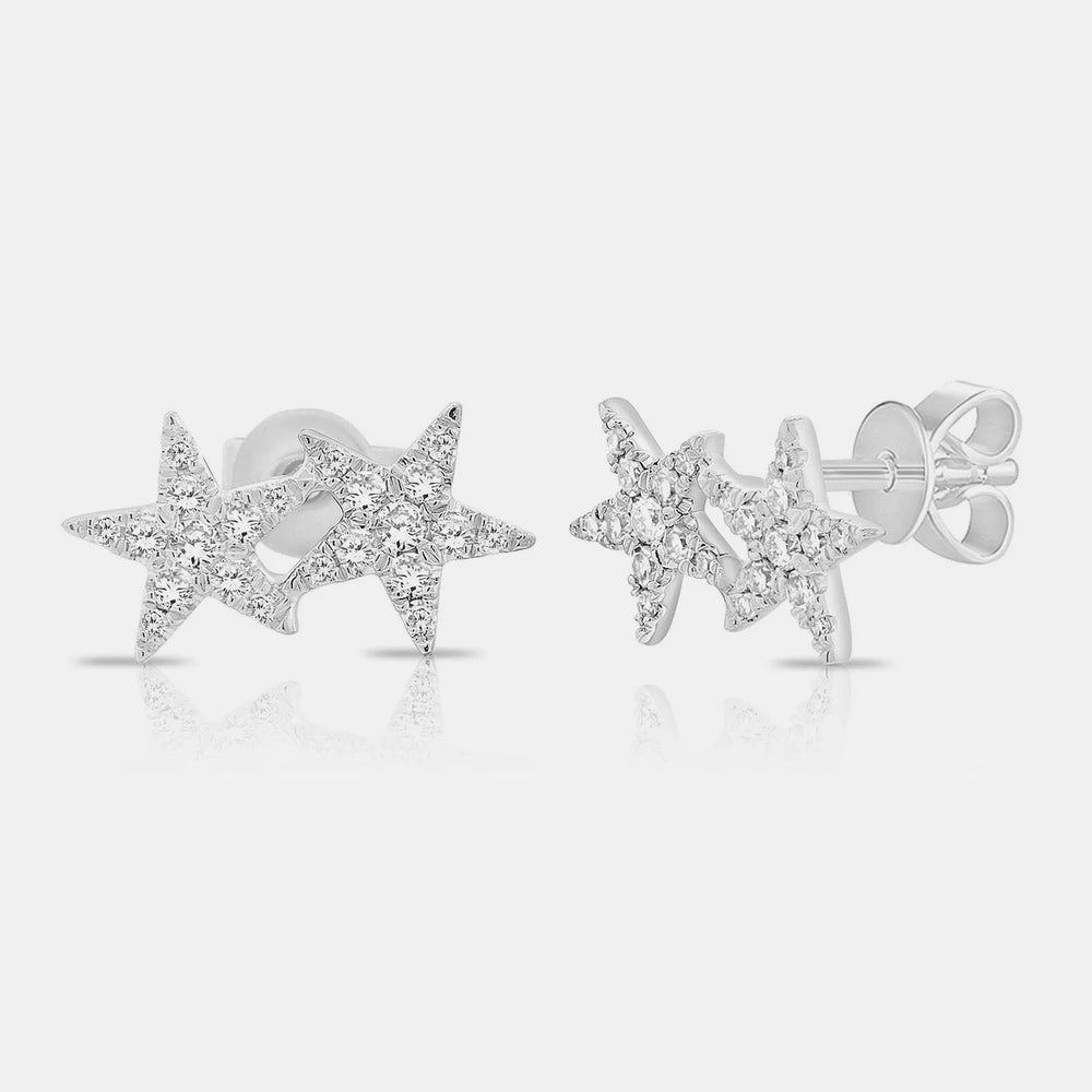 Double Diamond Star Studs - 14K White Gold