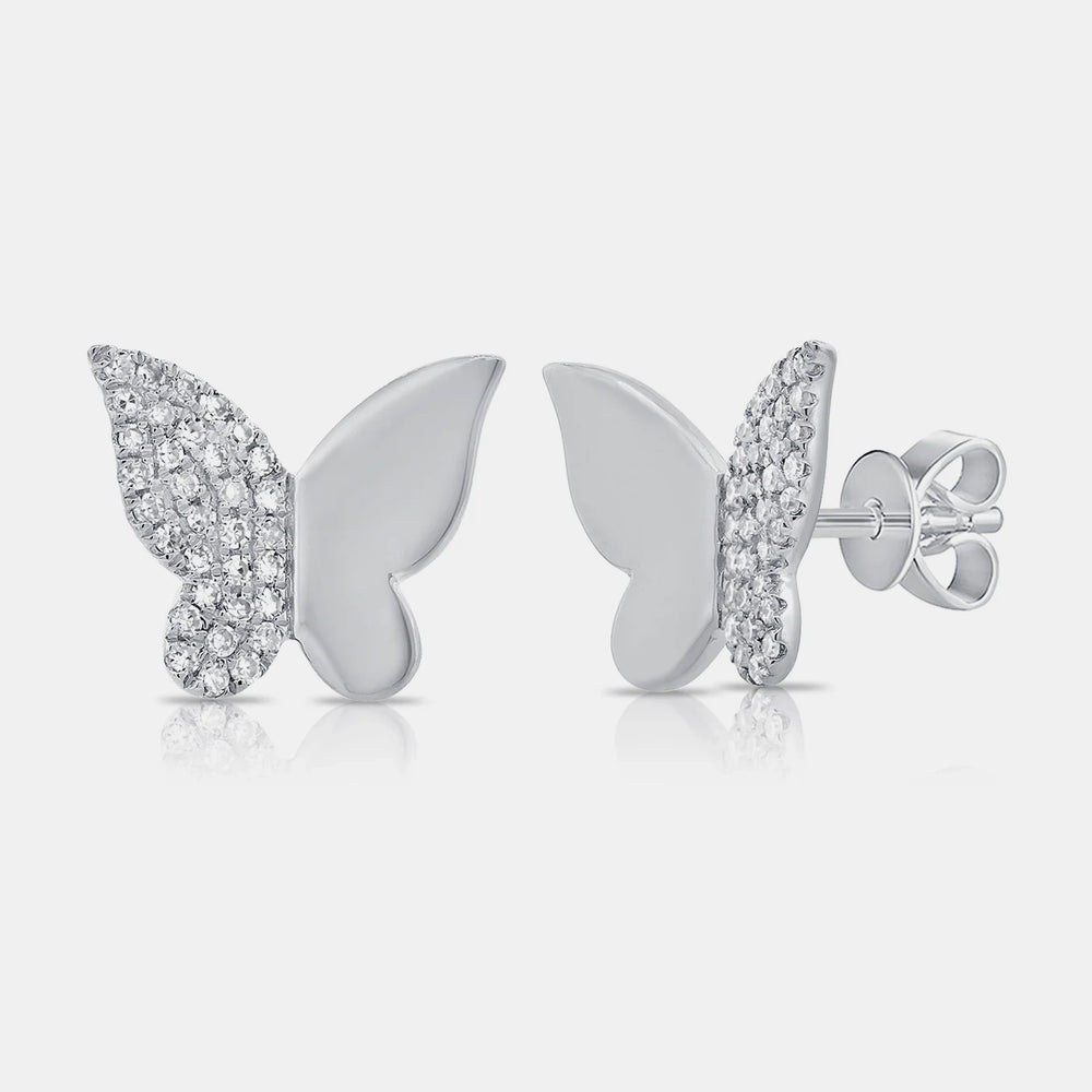 Half Gold Half Pavé Butterfly Studs - 14K White Gold