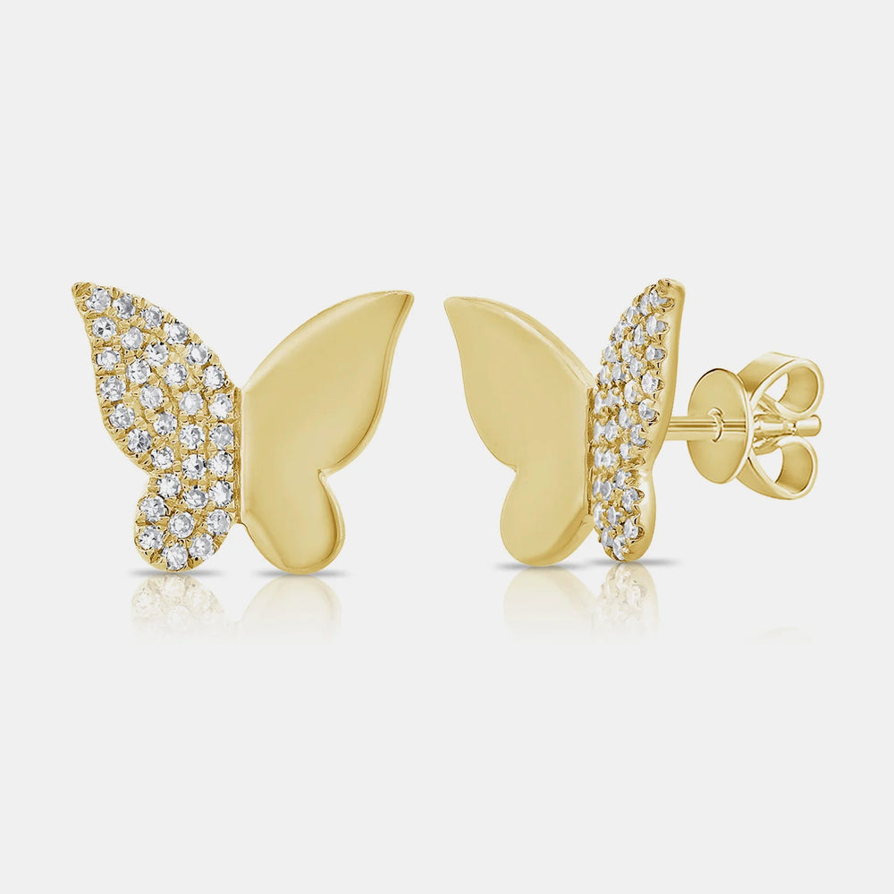 Half Gold Half Pavé Butterfly Studs - 14K Yellow Gold