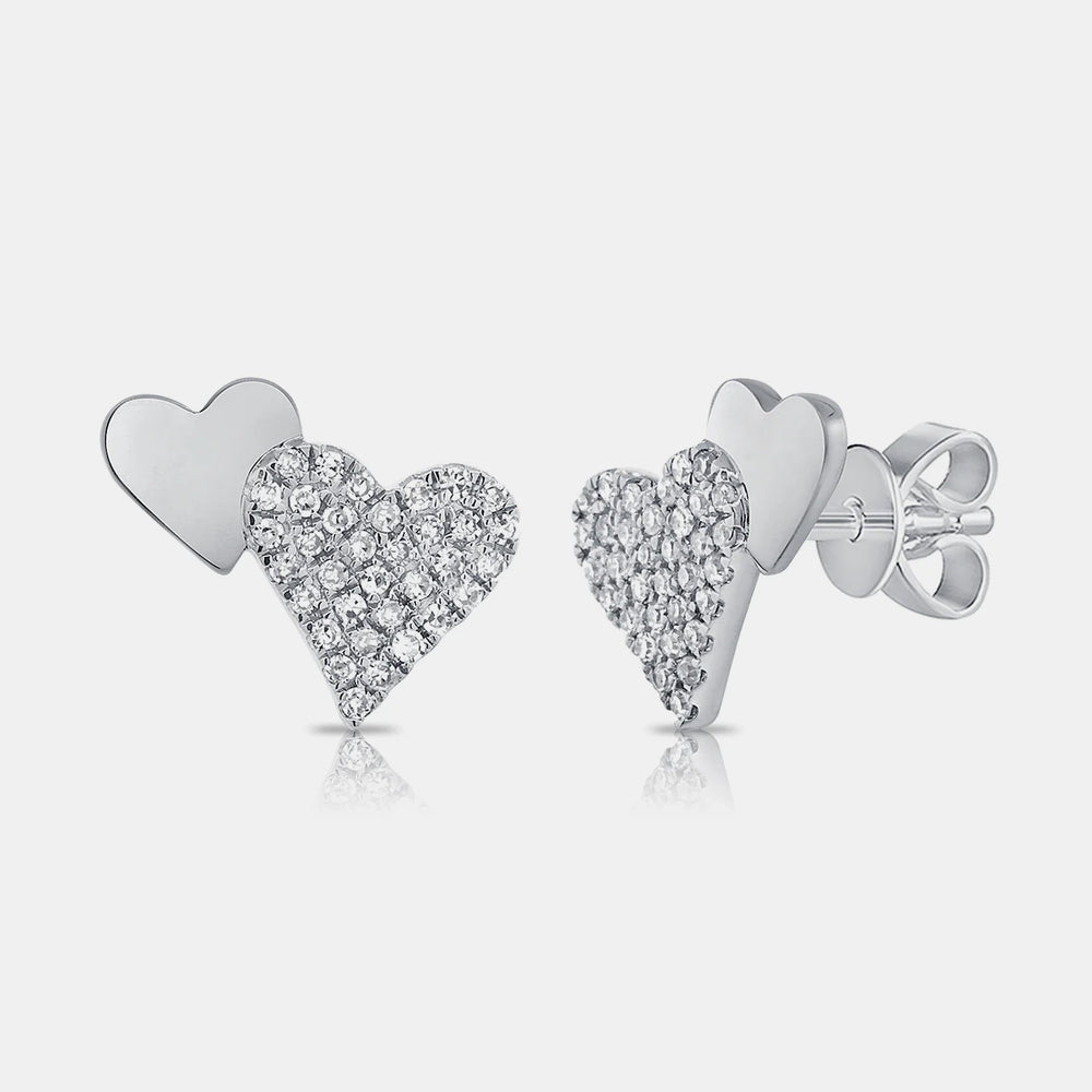 Half Gold Half Pavé Heart Studs - 14K White Gold