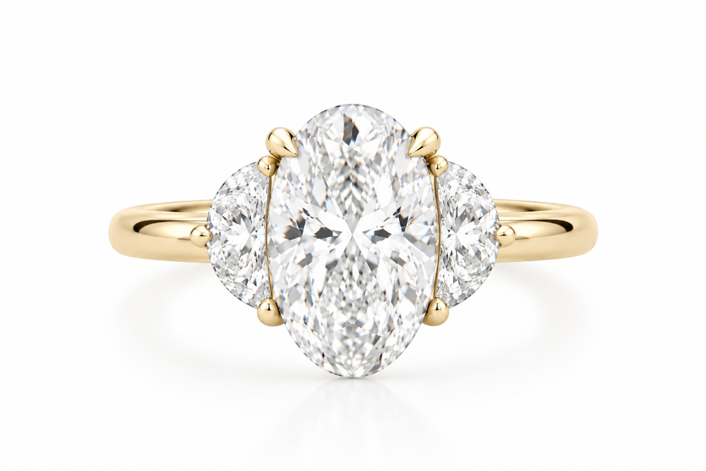 The Oval & Half Moon Trinity Engagement Ring - 14K Yellow Gold