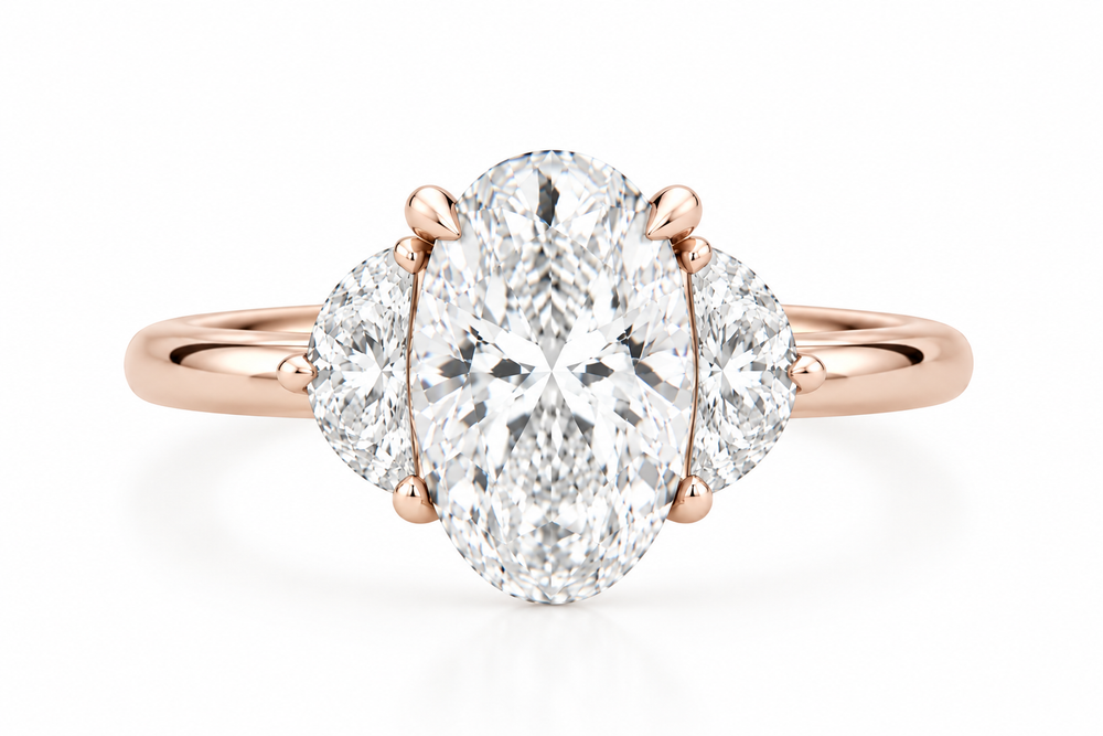 The Oval & Half Moon Trinity Engagement Ring - 14K Rose Gold