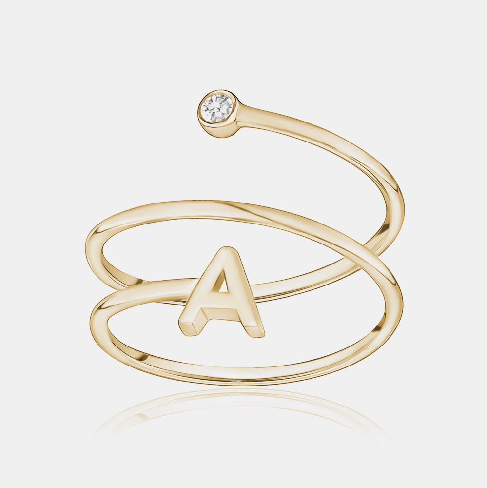 Spiral Ring with Initial and Diamond Bezel - 14K Yellow Gold