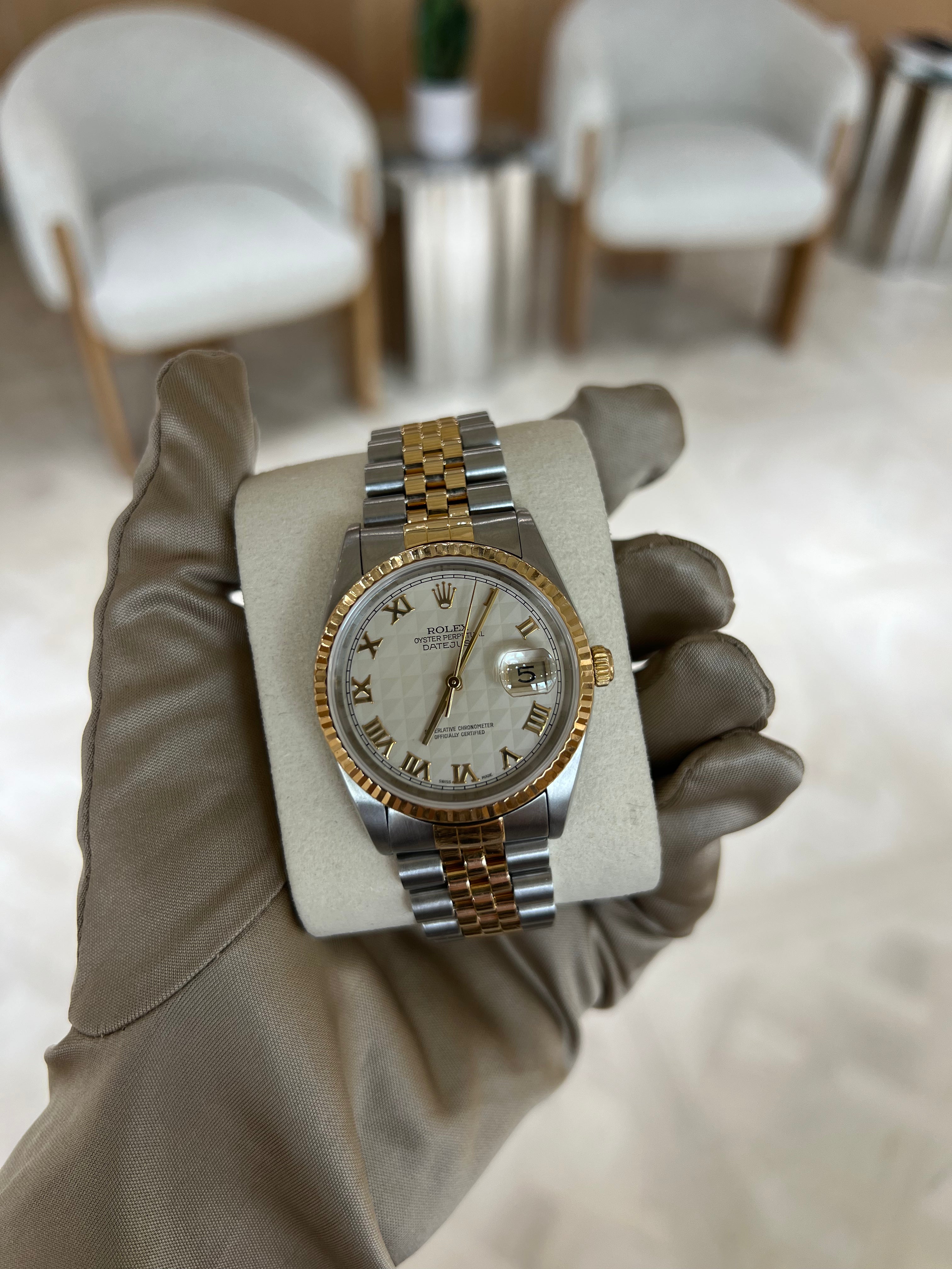 Rolex Datejust Two Tone Yellow gold with Checked Roman Dial 36mm with Fluted Bezel and Jubliee bracelet 16233-2604