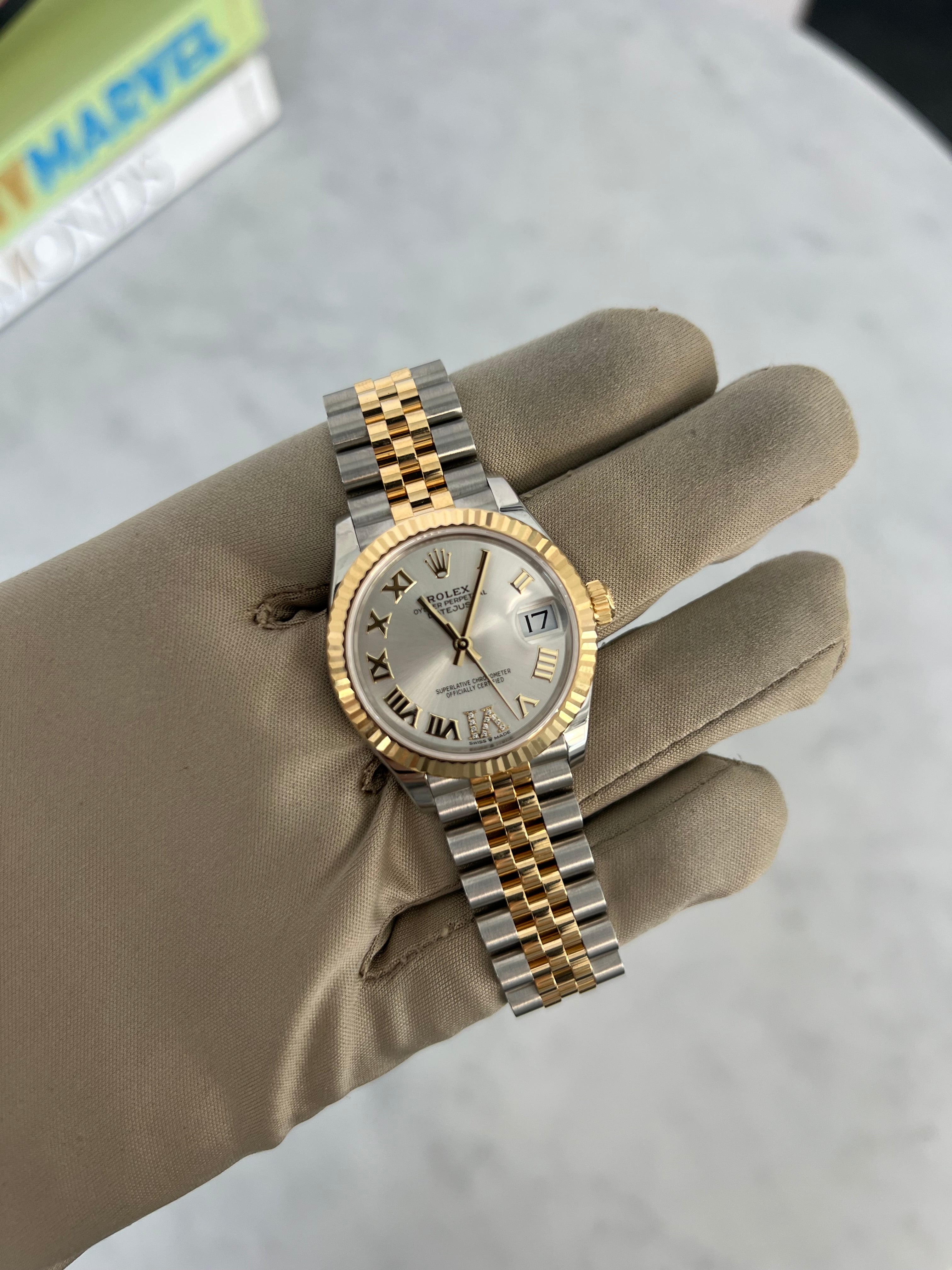 Rolex Datejust Two-Tone Yellow Gold Roman Numeral Silver Dial Fluted Bezel Jubilee Bracelet 31mm 278273/2025