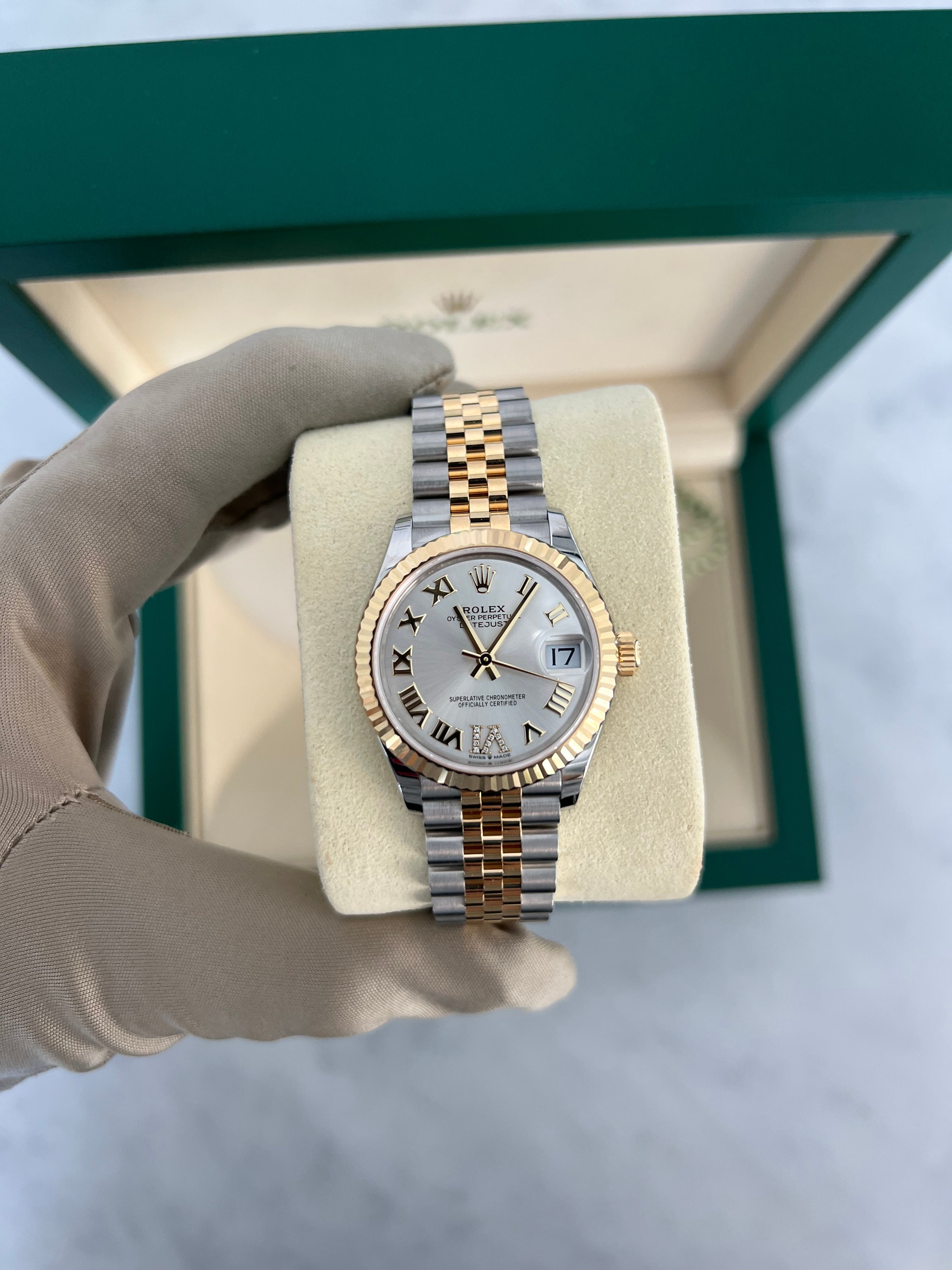 Rolex Datejust Two-Tone Yellow Gold Roman Numeral Silver Dial Fluted Bezel Jubilee Bracelet 31mm 278273/2025