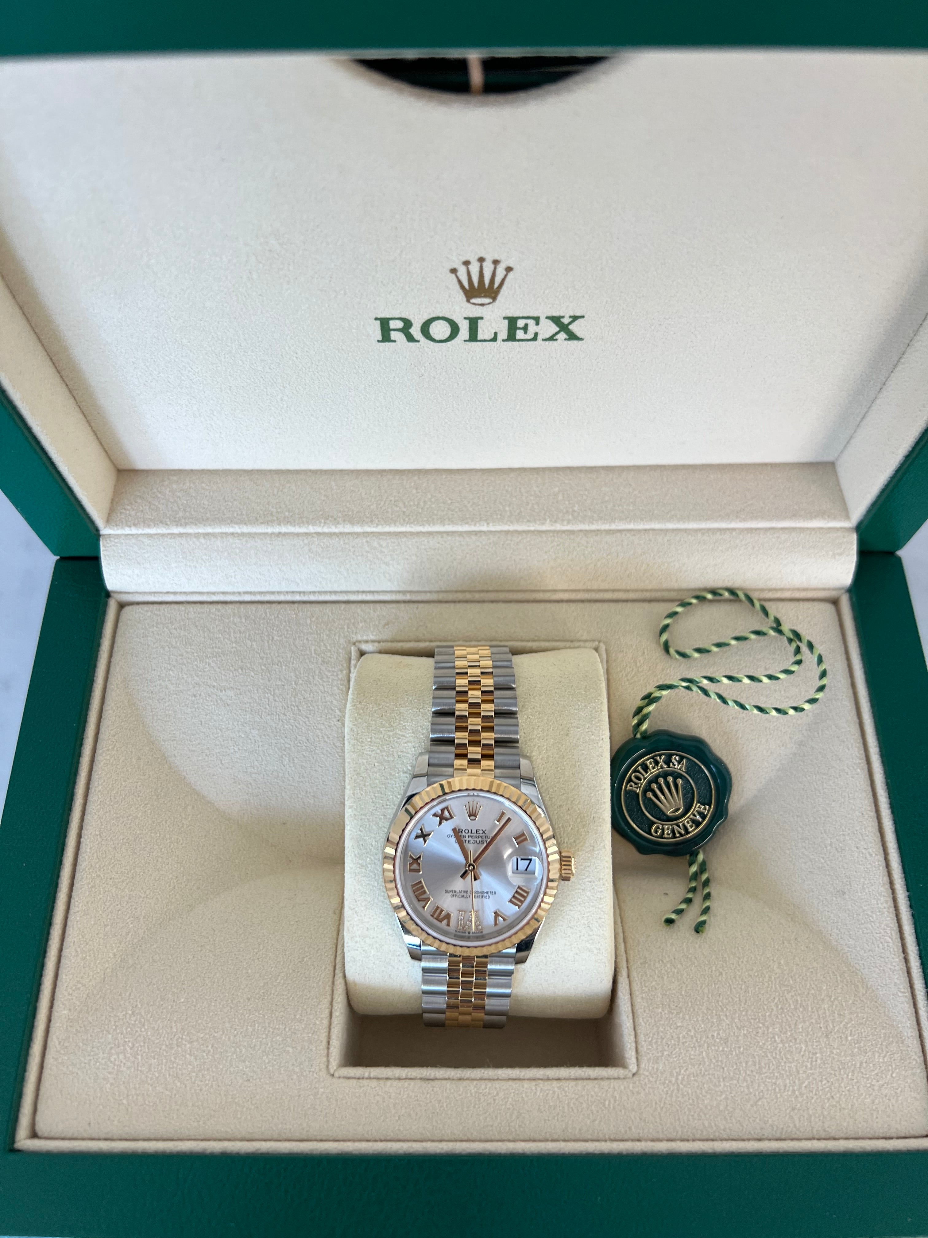 Rolex Datejust Two-Tone Yellow Gold Roman Numeral Silver Dial Fluted Bezel Jubilee Bracelet 31mm 278273/2025
