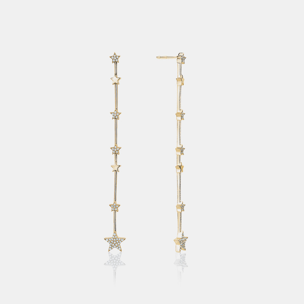 Graduated Gold and Diamond Star Earrings