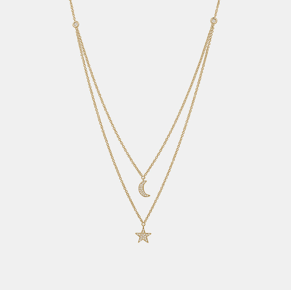 Collier à Double Chaîne d'Étoile et Lune en Diamant