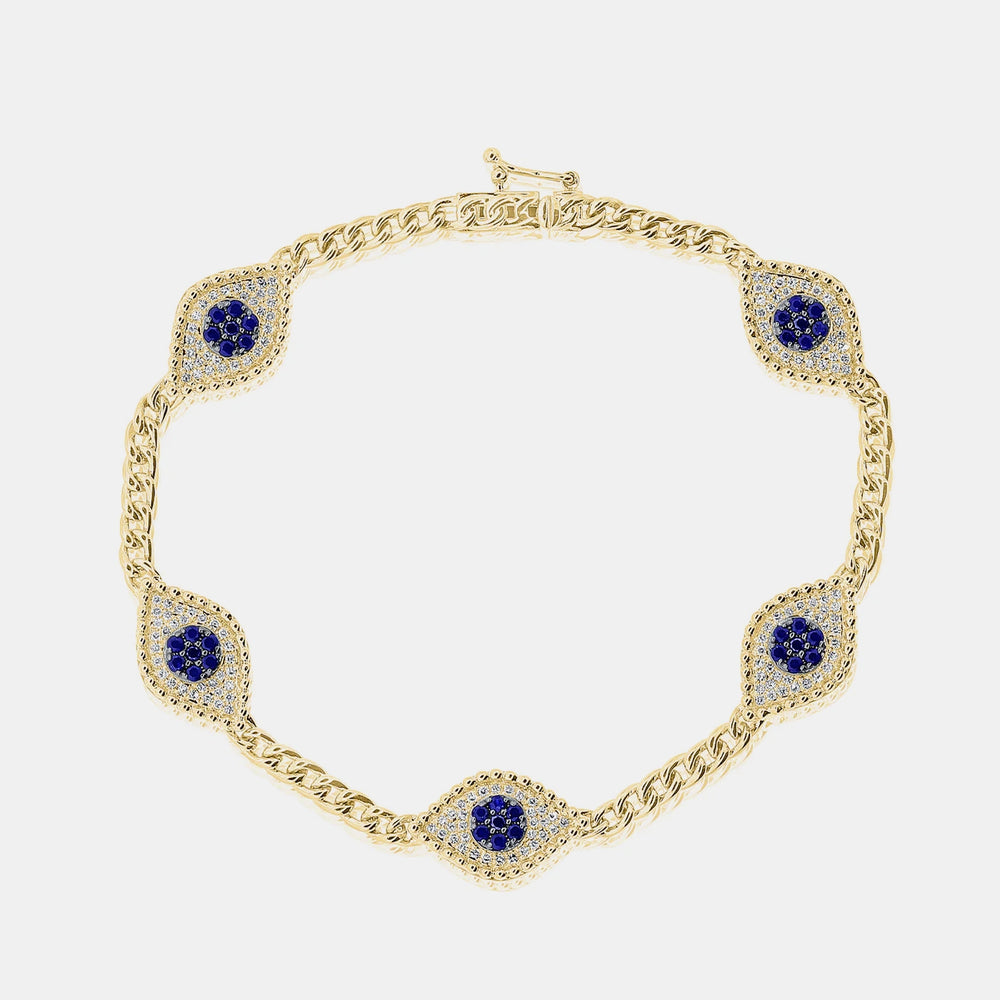 Chunky Diamond Blue Sapphire Hamsa Bracelet - 14K Yellow Gold