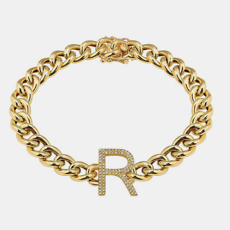 Diamond Initial Miami Cuban Link Bracelet - 14K Yellow Gold