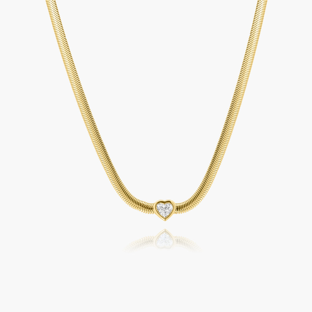Solitaire Diamond Heart Snake Necklace - 14K Yellow Gold