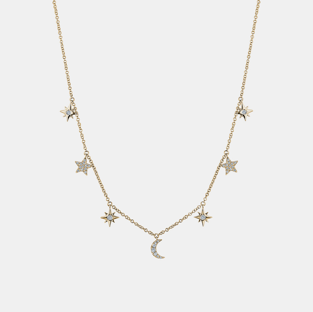 Dangling Diamond Star Moon Necklace